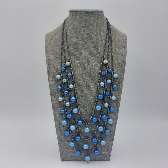 Necklace Blue Glass Beads Tripple Strand Gun Metal Gray Chain Satellite Beads Bi - Picture 1 of 7